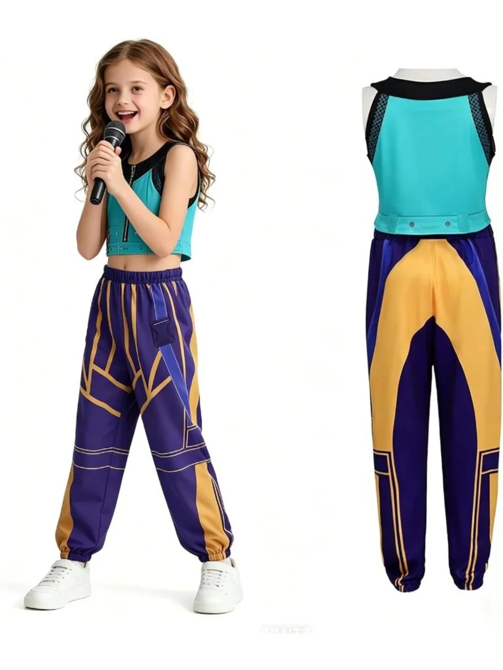 Girls Halloween Costume Set - Black & Yellow Polyester Top & Pants Outfit